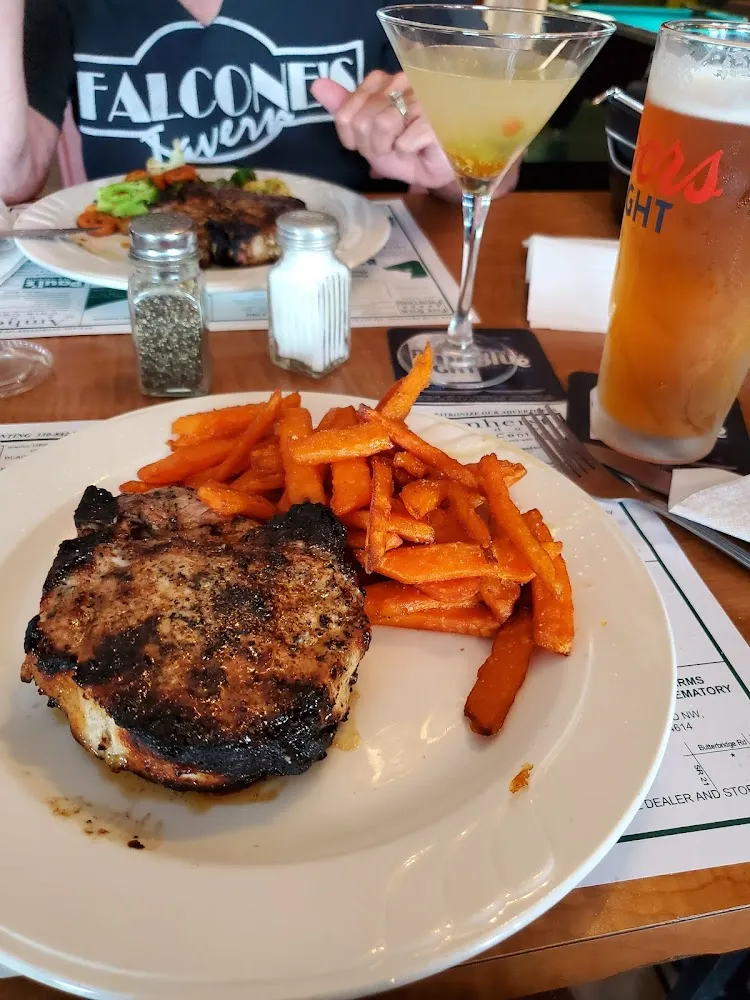 Giant Pork Chop and Sweet Potato Fries